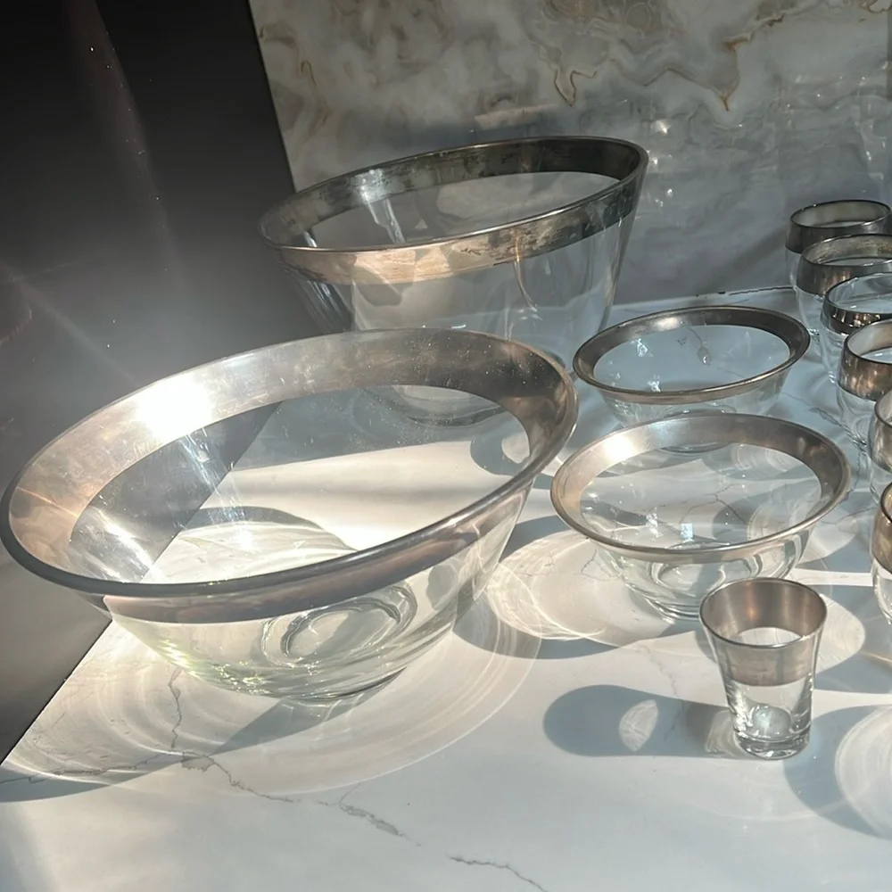 Set of 33 Pieces of Vintage Dorothy Thorpe Silver Rim Set Bowls & Short Glasses